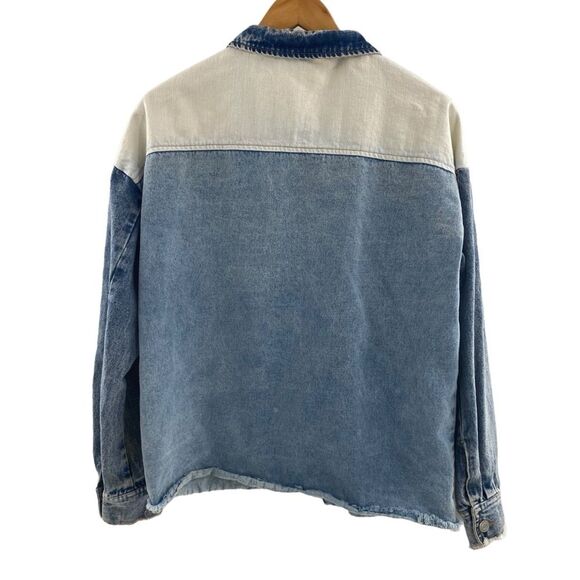 Boutique Women’s S Patch Together Denim Trucker Jacket Blue Acid Wash Oversized - Picture 8 of 13